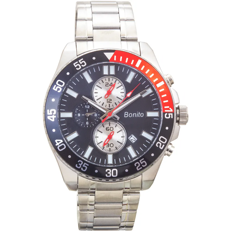 K-7015 Bonito Black Dial Silver Stainless Steel Band Multi-Function Men's Watch. TIMECHECK