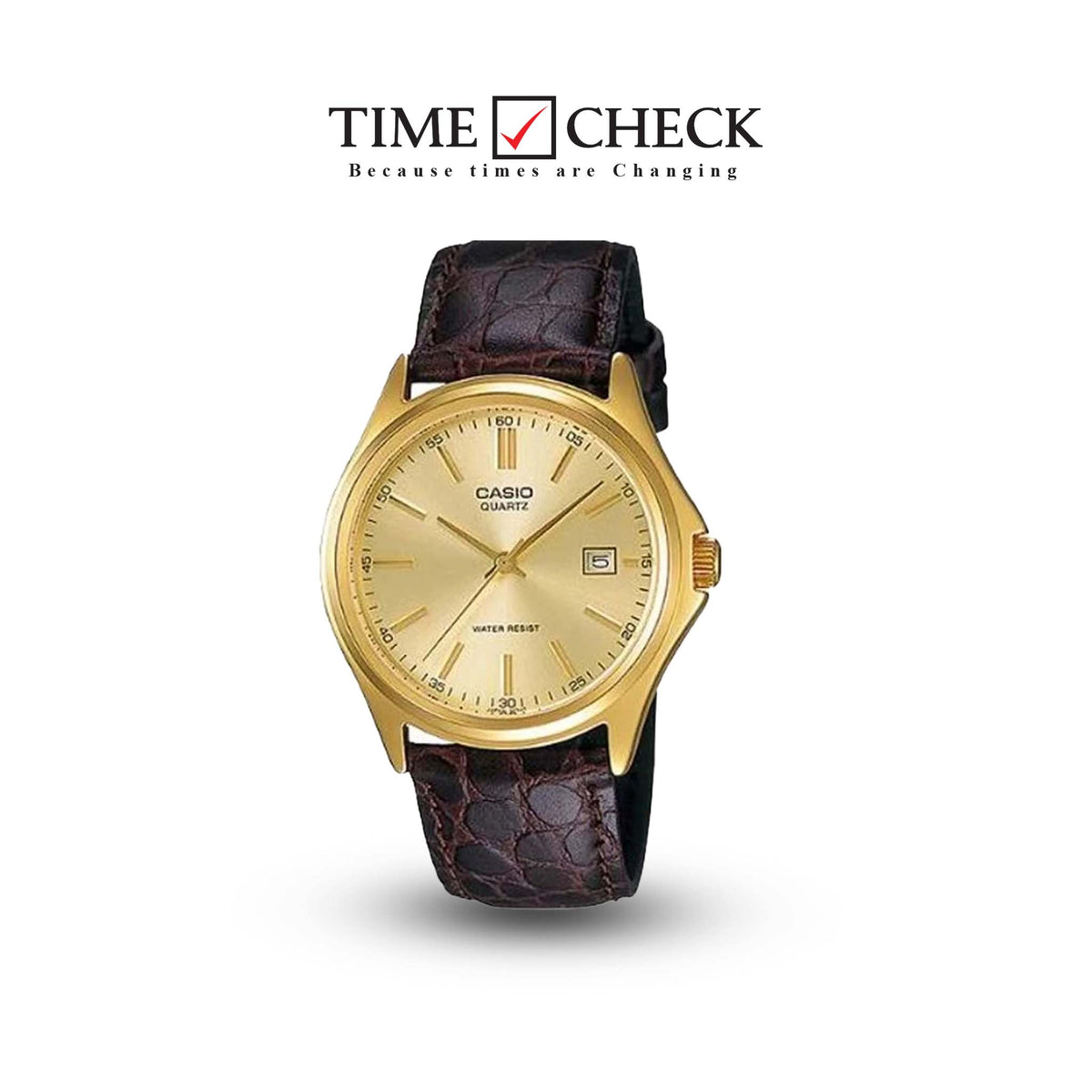 MTP-1183Q-9ADF Gold Dial Brown Leather Strap Steel Gold Case Quartz Men's Watch. TIMECHECK