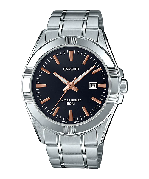 MTP-1308D-1A2VDF Casio Black Dial Silver Stainless Steel Analog Quartz Men's Watch.
