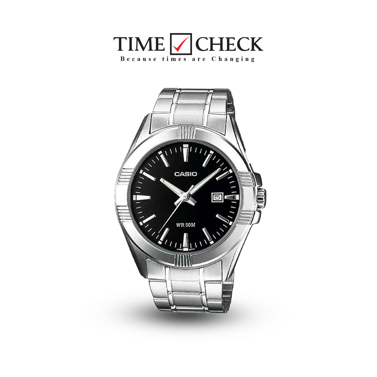 MTP-1308D-1AVDF Casio Black Dial Silver Stainless Steel Analog Quartz Men's Watch. TIMECHECK