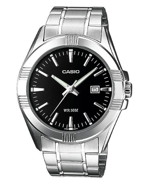 MTP-1308D-1AVDF Casio Black Dial Silver Stainless Steel Analog Quartz Men's Watch.