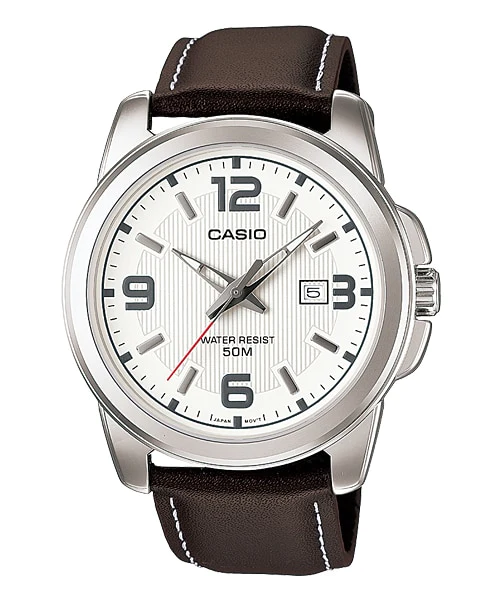 MTP-1314L-7AVDF Casio White Dial Steel Case Brown Leather Strap Analog Men's Watch.