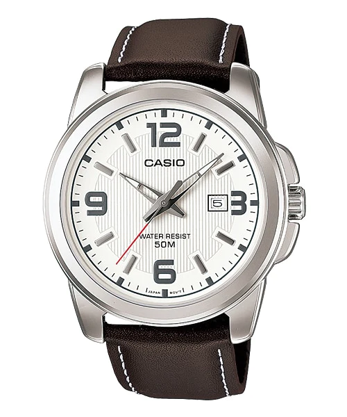 MTP-1314L-7AVDF Casio White Dial Steel Case Brown Leather Strap Analog Men's Watch. TIMECHECK