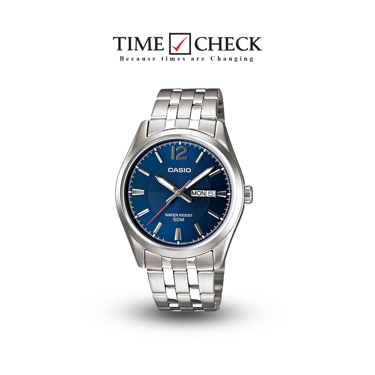 MTP-1335D-2AVDF Casio Blue Dial Silver Stainless Steel Quartz Analog Men's Watch. TIMECHECK