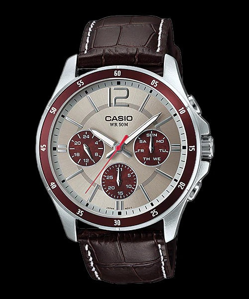 MTP-1374D-7A1VDF Casio Silver Dial Leather Strap Analog Quartz Men's Watch.