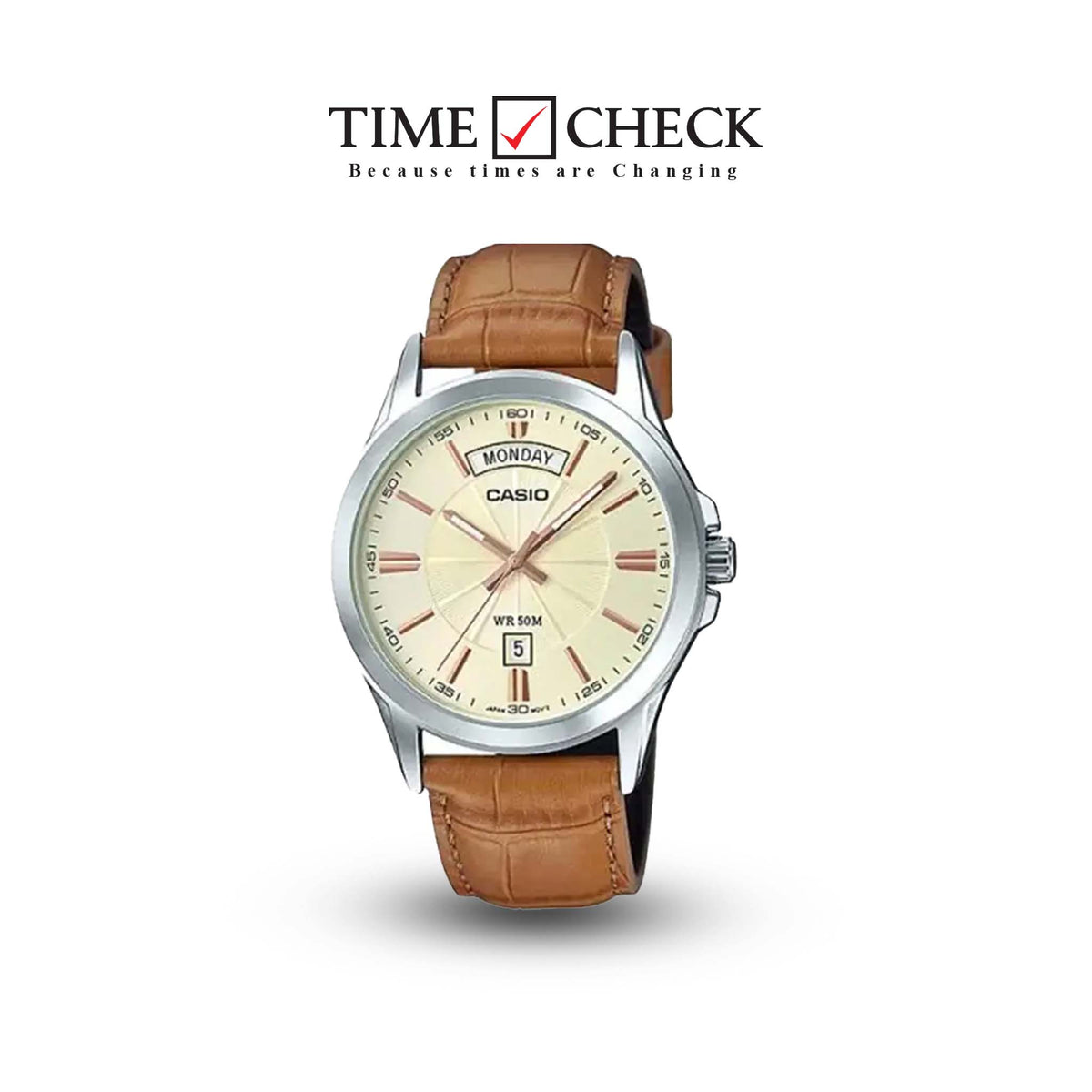 MTP-1381L-9AVDF Casio Gold Dial Brown Leather Strap Analog Quartz Men's Watch. TIMECHECK