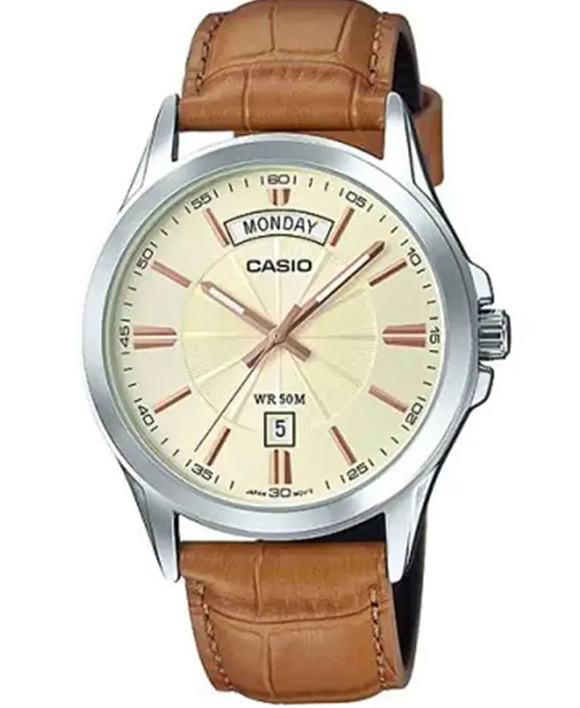 MTP-1381L-9AVDF Casio Gold Dial Brown Leather Strap Analog Quartz Men's Watch.