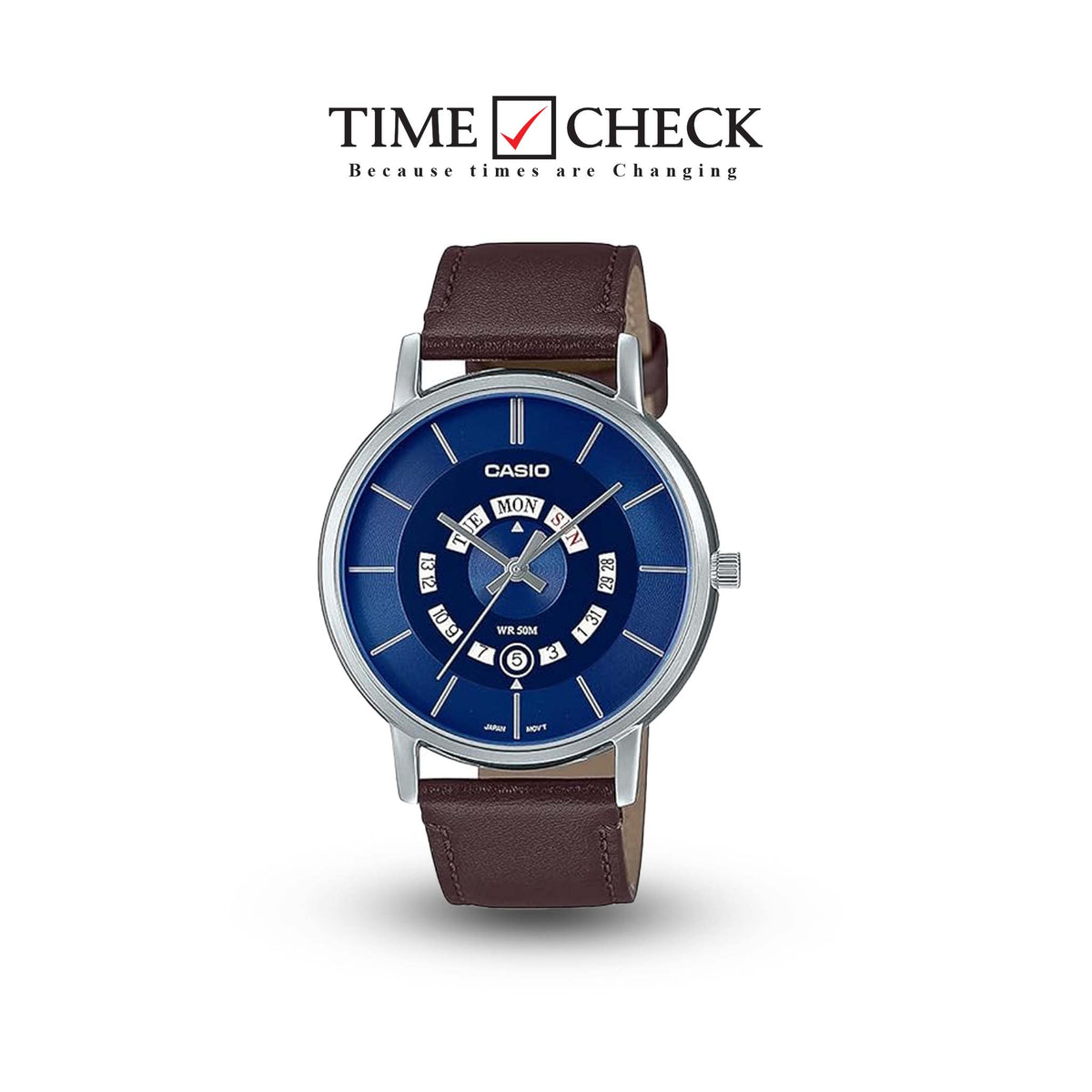 MTP-B135L-2AVDF Casio Blue Dial Brown Leather Strap Analog Quartz Men's Watch. TIMECHECK