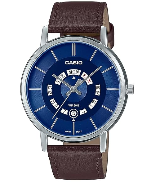 MTP-B135L-2AVDF Casio Blue Dial Brown Leather Strap Analog Quartz Men's Watch. TIMECHECK