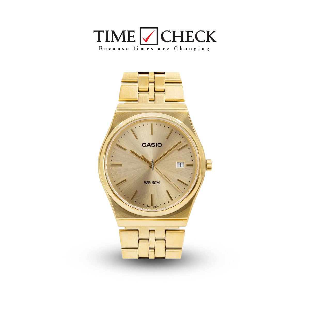 MTP-B145G-9AVEF Casio Gold Dial Stainless Steel Gold Chain Quartz Men's Watch. TIMECHECK