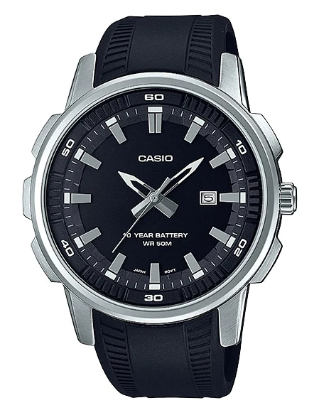 MTP-E195-1AVDF Casio Black Dial Steel Case Silicon Strap Quartz Men's Watch.