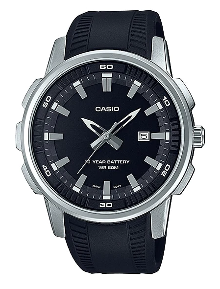 MTP-E195-1AVDF Casio Black Dial Steel Case Silicon Strap Quartz Men's Watch. TIMECHECK