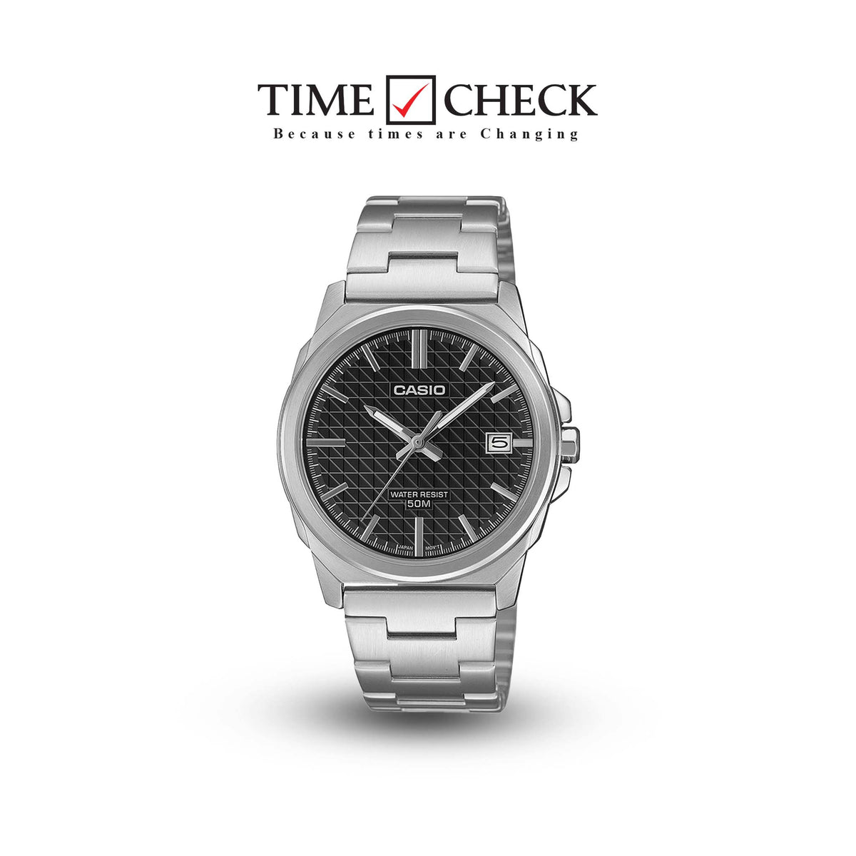 MTP-E720D-1AVDF Casio Black Dial Silver Stainless Steel Analog Quartz Men's Watch. TIMECHECK