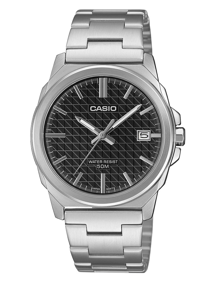 MTP-E720D-1AVDF Casio Black Dial Silver Stainless Steel Analog Quartz Men's Watch. TIMECHECK