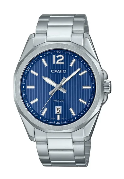 MTP-E725D-2AVDF Casio Blue Dial Silver Stainless Steel Chain Analog Quartz Men's Watch.