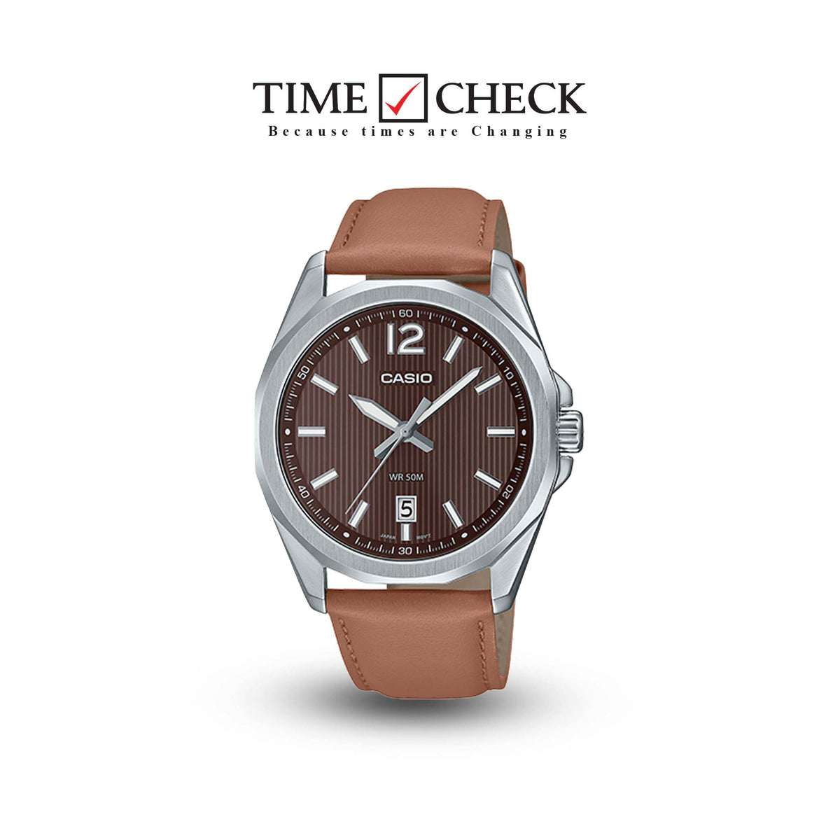 MTP-E725L-5AVDF Black Dial Steel Case Brown Leather Strap Analog Quartz Men's Watch. TIMECHECK