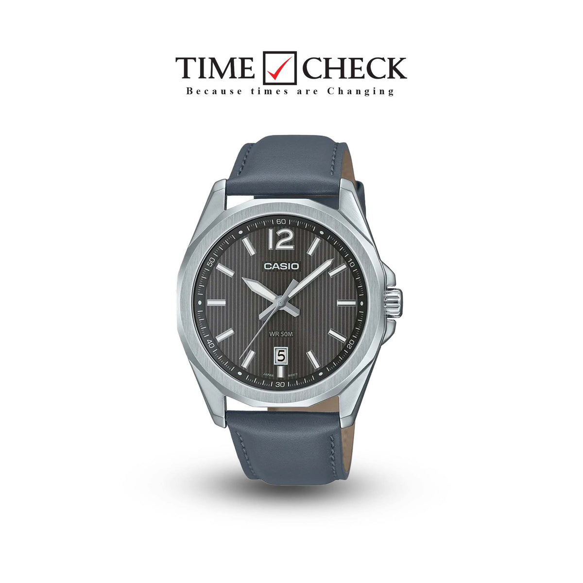 MTP-E725L-8AVDF Casio Blacl Dial Steel Case Gray Leather Strap Analog Quartz Men's Watch. TIMECHECK