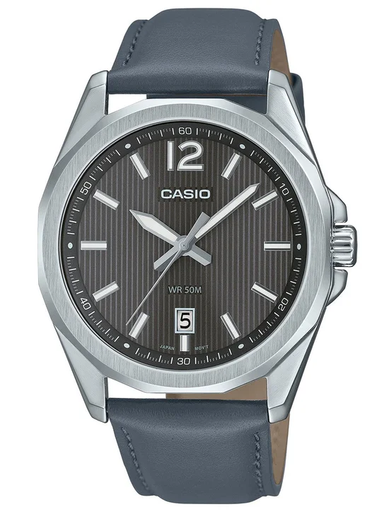 MTP-E725L-8AVDF Casio Blacl Dial Steel Case Gray Leather Strap Analog Quartz Men's Watch.