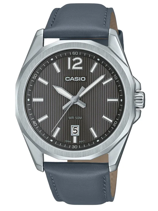 MTP-E725L-8AVDF Casio Blacl Dial Steel Case Gray Leather Strap Analog Quartz Men's Watch. TIMECHECK