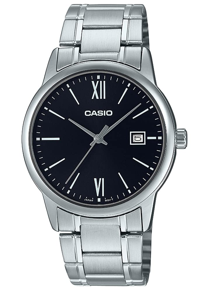 MTP-V002D-1B3UDF Casio Black Dial Silver Stainless Steel Chain Analog Men's Watch. TIMECHECK