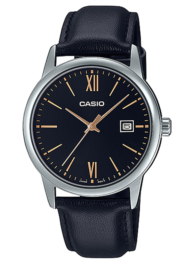 MTP-V002L-1B3UDF Casio Black Dial Black Leather Strap Analog Quartz Men's Watch.