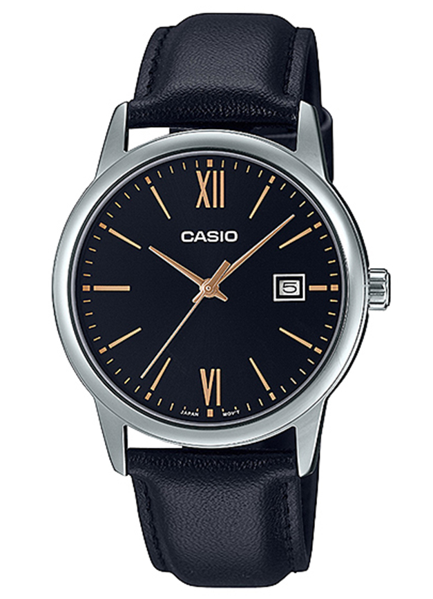 MTP-V002L-1B3UDF Casio Black Dial Black Leather Strap Analog Quartz Men's Watch. TIMECHECK