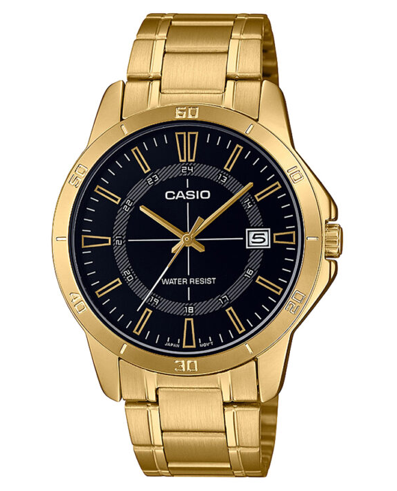 MTP-V004G-1CUDF Casio Black Dial Stainless Steel Gold Chain Quartz Men's Watch.