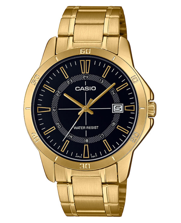 MTP-V004G-1CUDF Casio Black Dial Stainless Steel Gold Chain Quartz Men's Watch. TIMECHECK