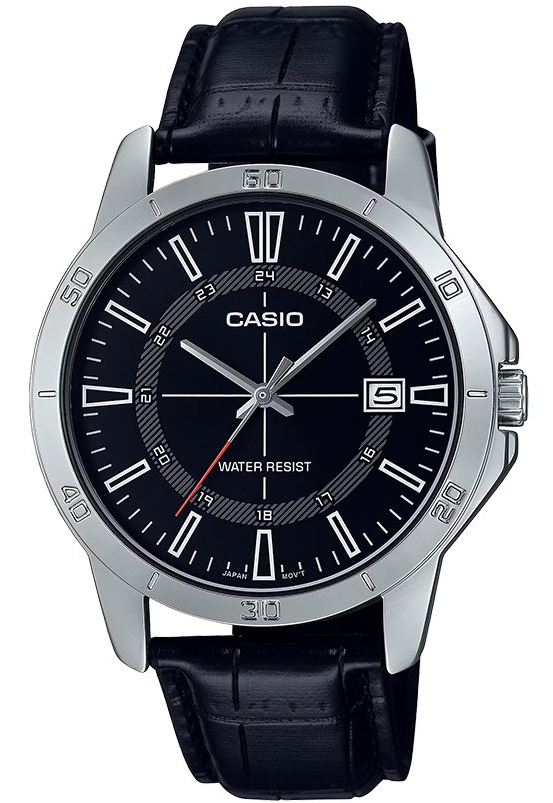 MTP-V004L-1CUDF Casio Black Dial Black Leather Strap Analog Quartz Men's Watch.