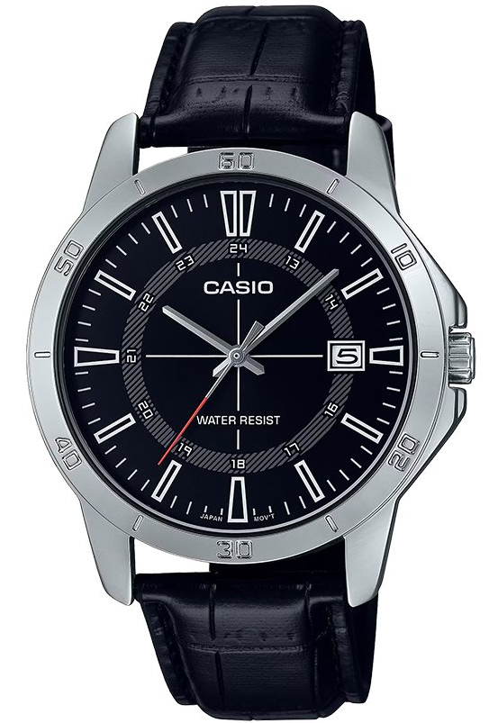 MTP-V004L-1CUDF Casio Black Dial Black Leather Strap Analog Quartz Men's Watch. TIMECHECK