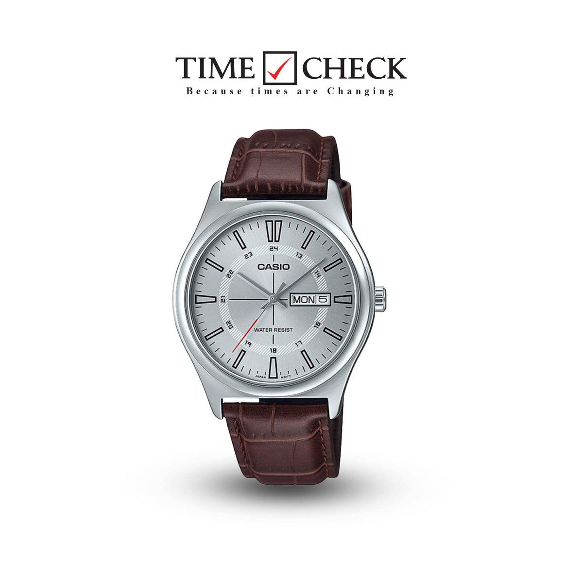 MTP-V006L-7CUDF Casio Silver Dial Silver Case Brown Leather Strap Analog Men's Watch. TIMECHECK