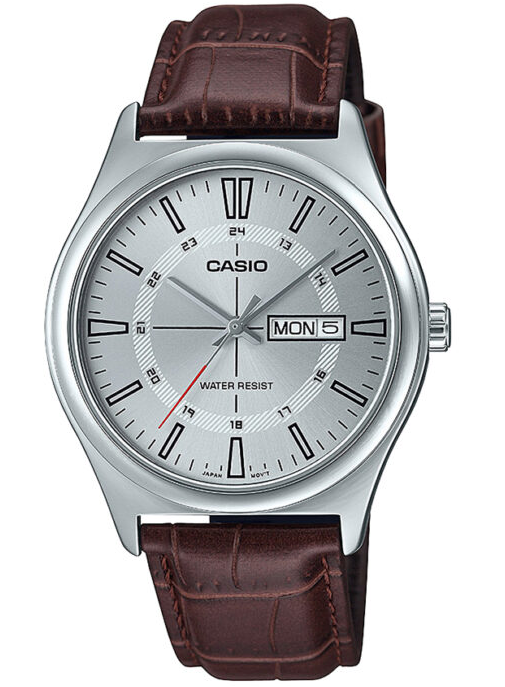 MTP-V006L-7CUDF Casio Silver Dial Silver Case Brown Leather Strap Analog Men's Watch.