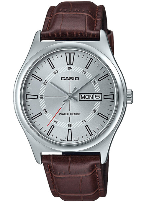 MTP-V006L-7CUDF Casio Silver Dial Silver Case Brown Leather Strap Analog Men's Watch. TIMECHECK