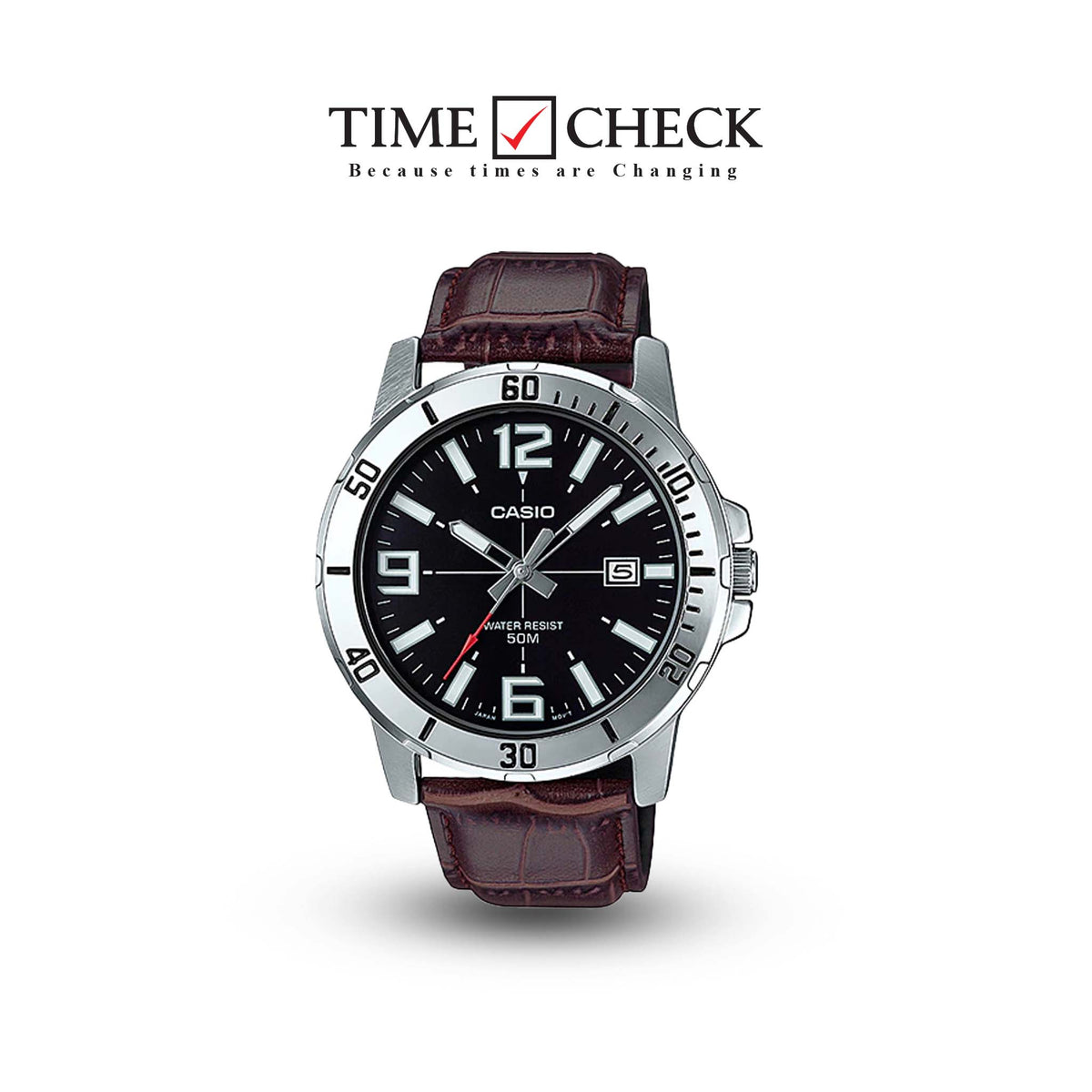 MTP-VD01L-1BVUDF Casio Black Dial Steel Case Brown Leather Strap Analog Men's Watch. TIMECHECK