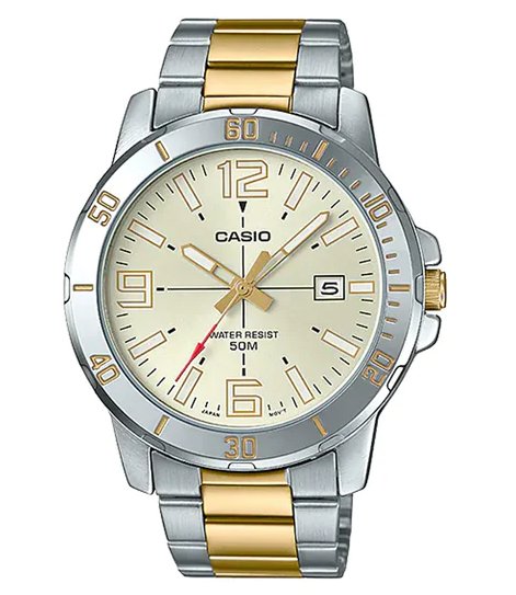 MTP-VD01SG-9BVUDF Casio Gold Dial Silver Gold Stainless Steel Chain Analog Men's Watch.