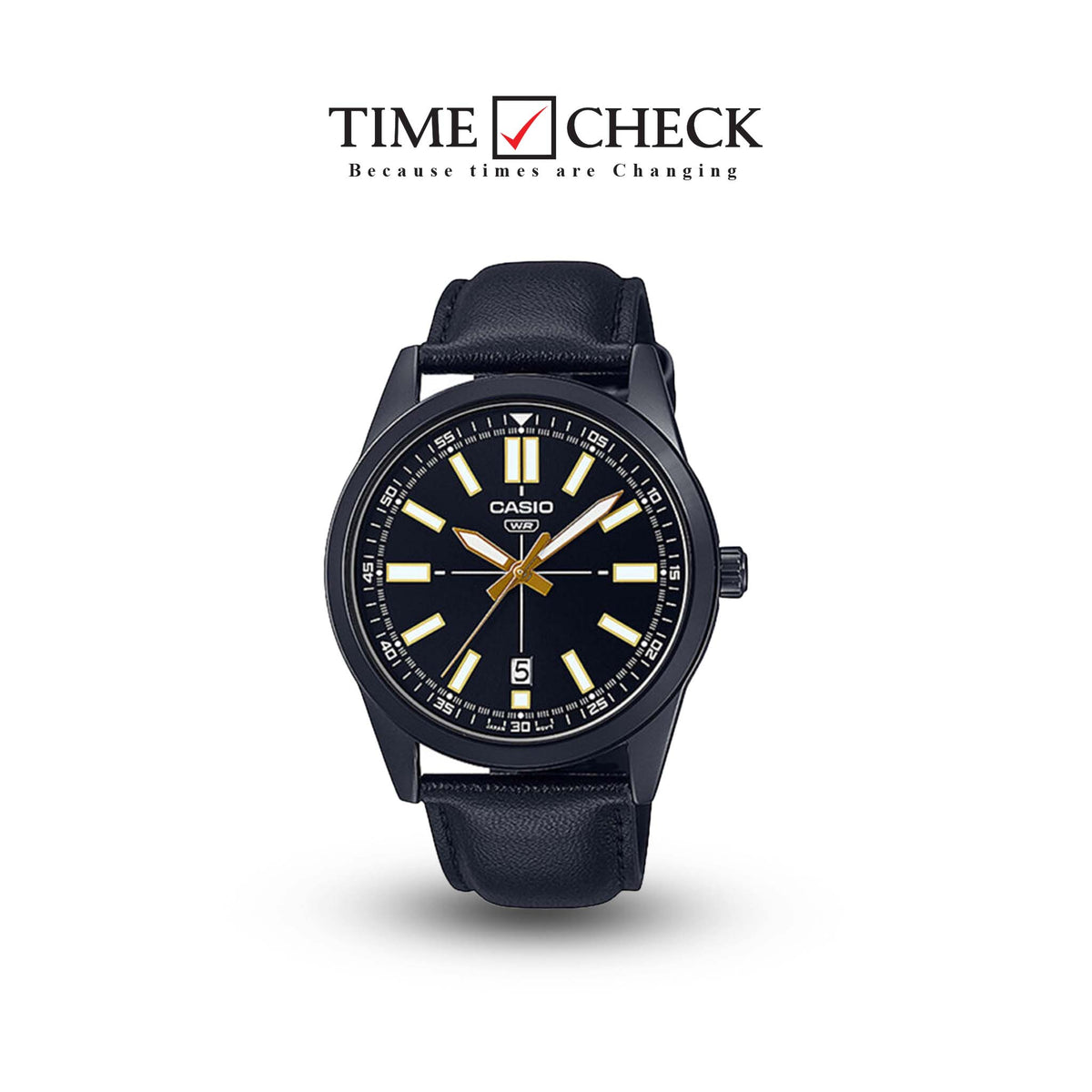 MTP-VD02BL-1EUDF Casio Black Dial Black Leather Strap Analog Quartz Men's Watch. TIMECHECK