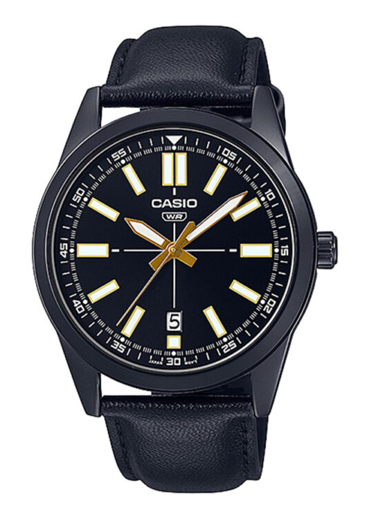 MTP-VD02BL-1EUDF Casio Black Dial Black Leather Strap Analog Quartz Men's Watch.