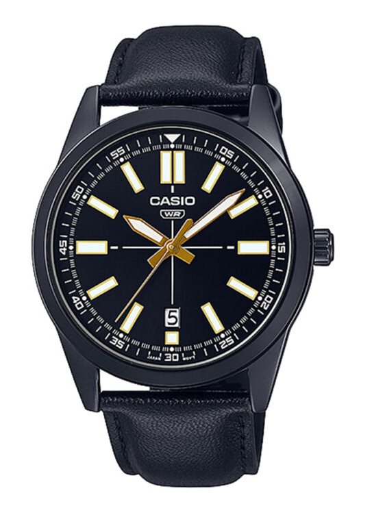 MTP-VD02BL-1EUDF Casio Black Dial Black Leather Strap Analog Quartz Men's Watch. TIMECHECK