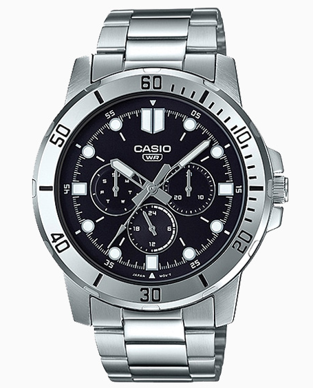 MTP-VD300D-1EUDF Casio Black Dial Silver Stainless Steel Analog Quartz Men's Watch. TIMECHECK