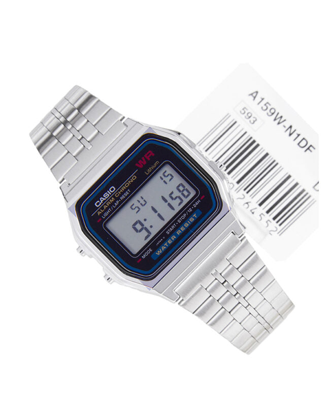 A159W-N1DF Casio Vintage Stainless Steel Silver Tone Digital Rectangle Unisex Watch. fashionable