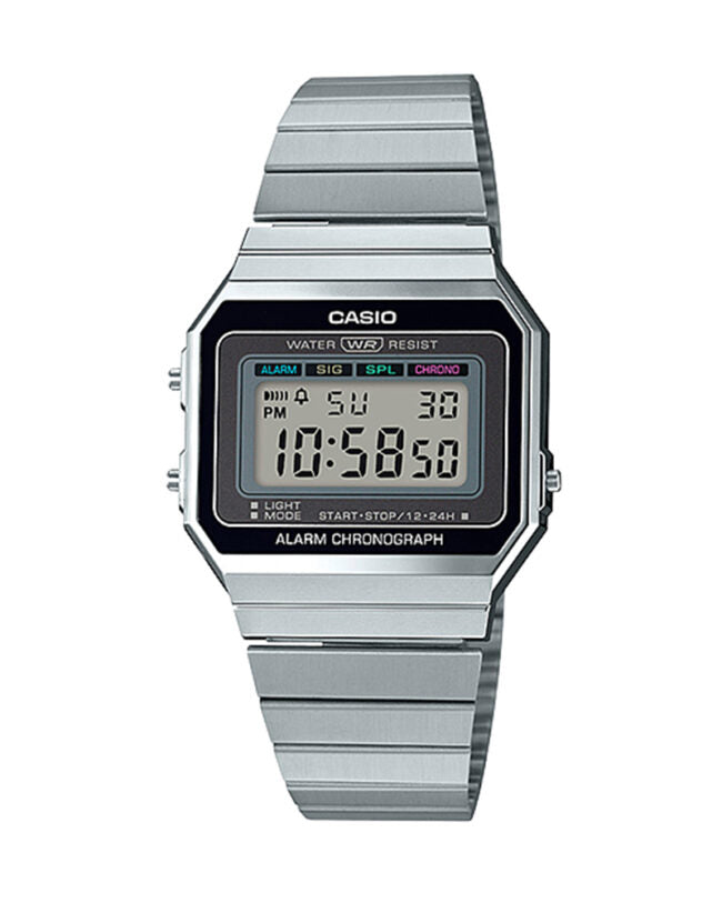 A700W-1ADF Casio Vintage Digital Rectangle Silver Stainless Steel Bracelet Watch.