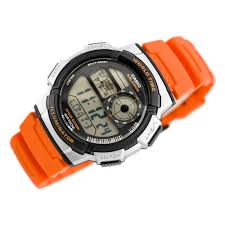 AE-1000W-4BVDF Casio Orange Resin Band 5 Alarms Chronograph World Time Men's Watch. TIMECHECK