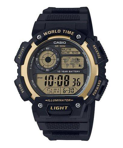 AE-1400WH-9AVDF Casio Black Resin Youth Digital Gold Dial Men's Watch.