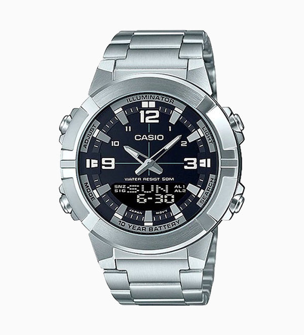 AMW-870D-1AVDF Casio Illuminator Analog Digital World Time Stainless Steel Men's Watch. fashionable