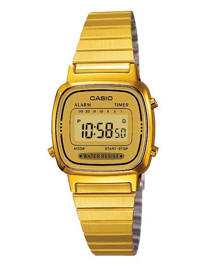 LA-670WGA-9DF Casio Vintage Gold Dial Gold Stainless Steel Chain Digital Women's Watch.