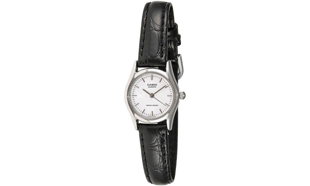 LTP-1094E-7ARDF Casio White Dial Black Leather Strap Analog Quartz Women's Watch.