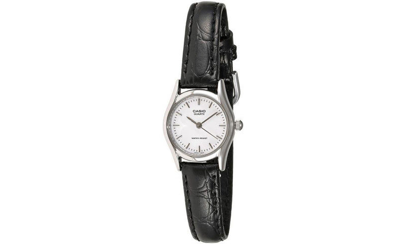 LTP-1094E-7ARDF Casio White Dial Black Leather Strap Analog Quartz Women's Watch. TIMECHECK