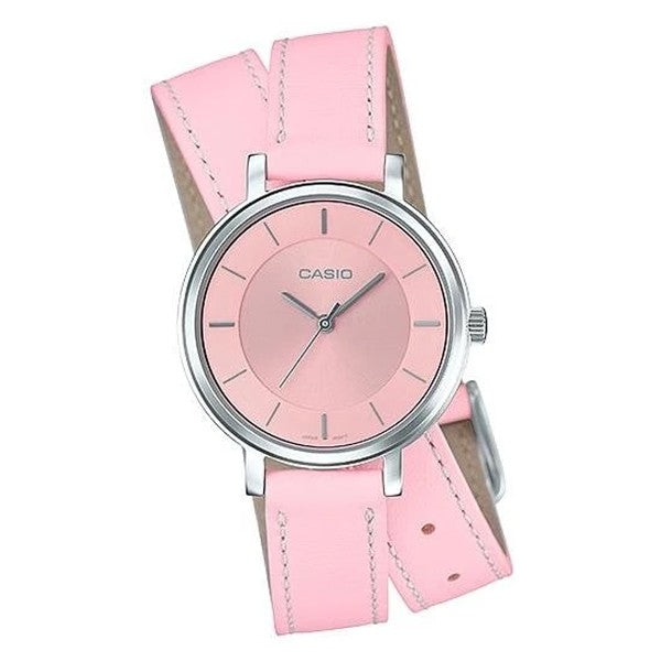 LTP-E143DBL-4A2DR Casio pink leather strap & pink analog dial women's watch.
