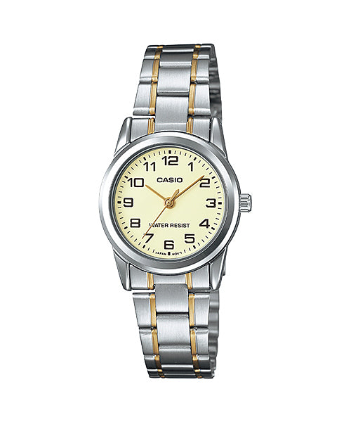 LTP-V001SG-9BUDF Casio Beige Dial Silver & Gold Chain Analog Quartz Women's Watch. fashionable