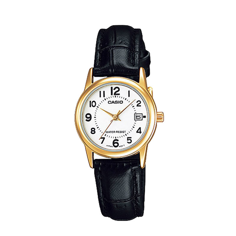 LTP-V002GL-7BUDF Casio White Dial Black Leather Strap Analog Quartz Women's Watch. TIMECHECK